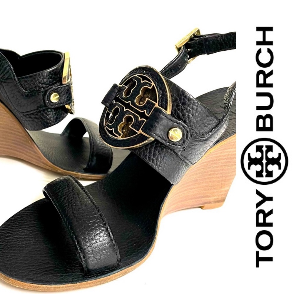 Tory Burch Black Leather Miller Metal Logo Wedge Sandals